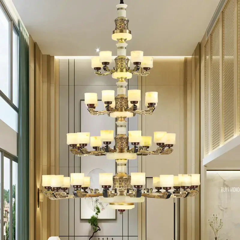 DecorBites™ all copper marble jade chandelier with ornate gold-toned metalwork and cream glass shades for luxury lighting
