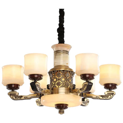 Decorbites™ all copper marble jade chandelier with antique brass floral engravings and five frosted glass shades
