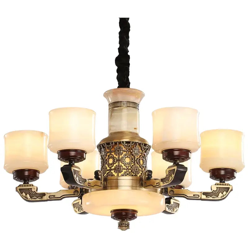Decorbites™ all copper marble jade chandelier with antique brass floral engravings and five frosted glass shades