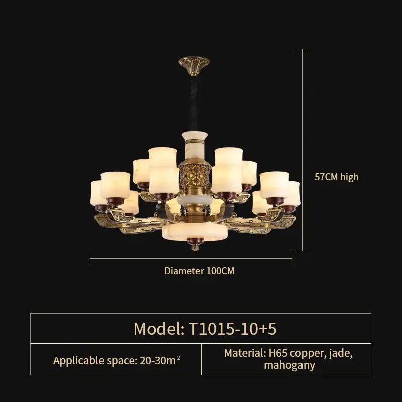 DecorBites™ all copper marble jade chandelier with bronze copper frame, jade accents, and ten frosted glass shades