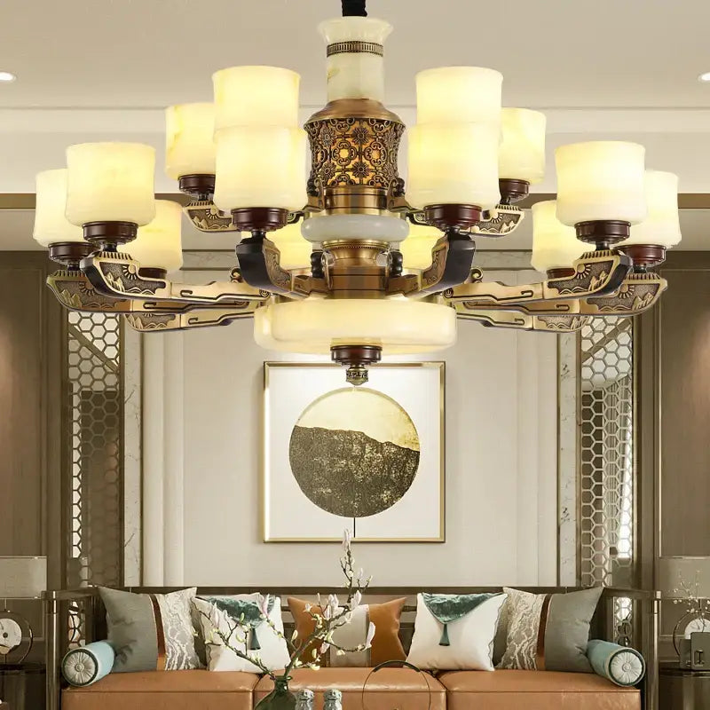 DecorBites™ copper marble jade chandelier featuring a luxurious brass design with frosted glass shades for elegant lighting