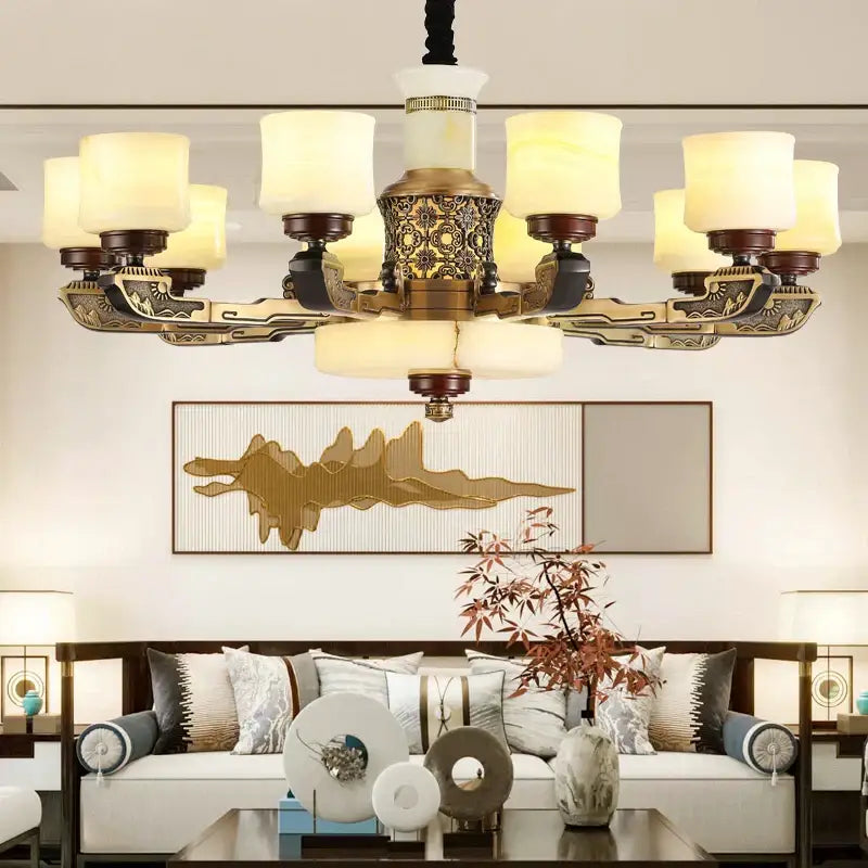 Decor bites all copper marble jade chandelier with bronze gold finish and frosted glass shades for luxury living rooms