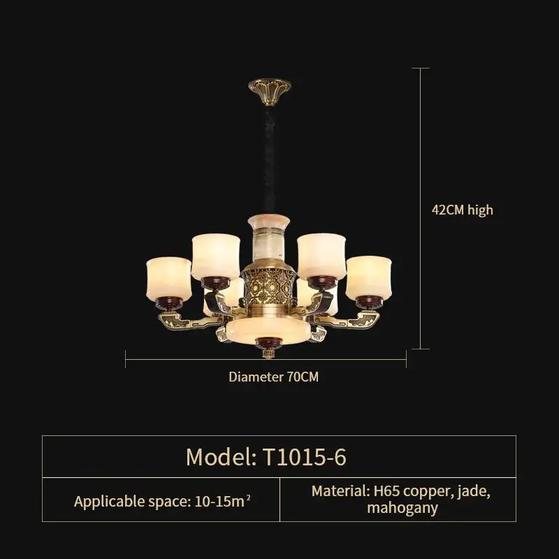 Elegant brass and copper marble jade chandelier t1015-6 with six frosted glass shades for luxury living spaces