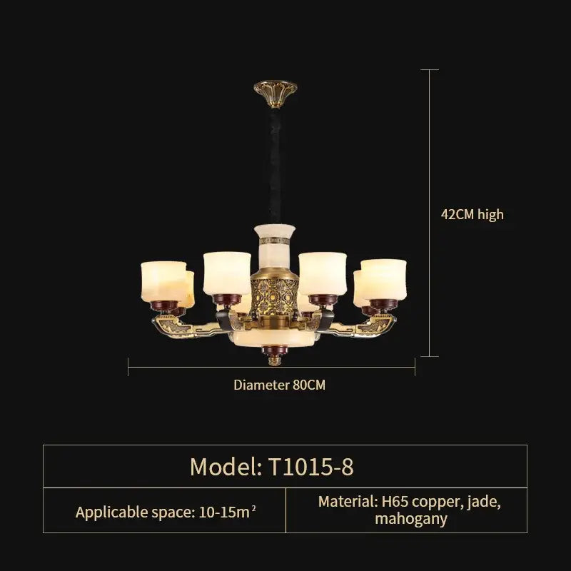Elegant 42cm copper marble jade chandelier with ornate frame, mahogany accents, and six warm-toned glass shades