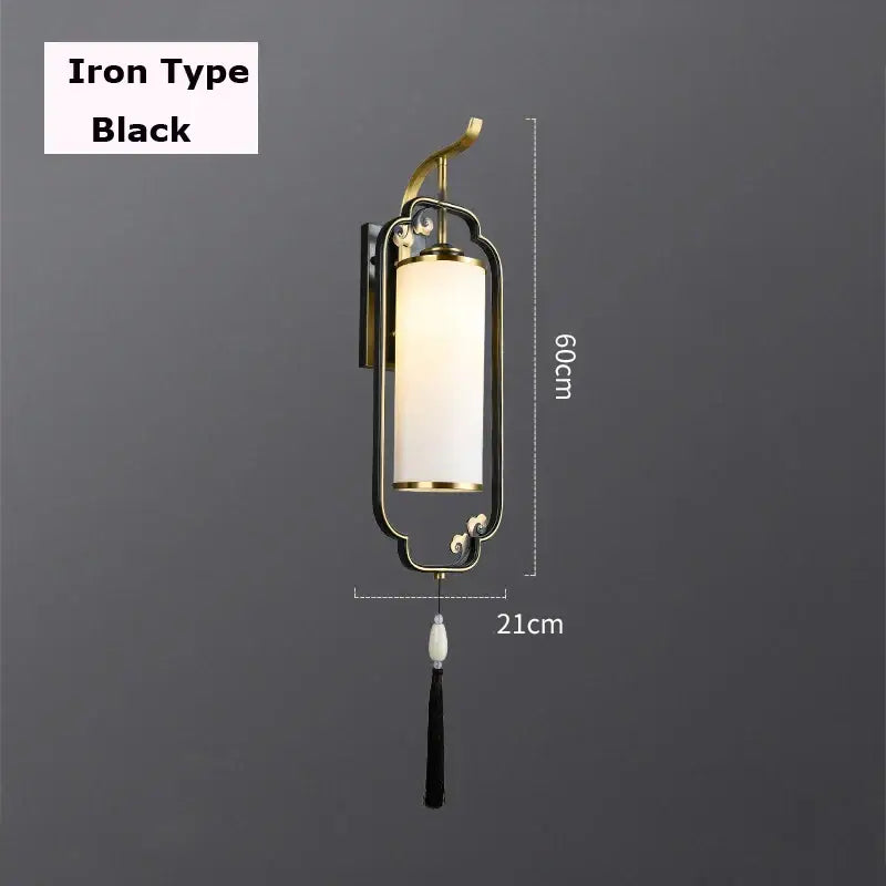 Black iron wall lamp with gold-toned frame glass shade and tassel pendant for living room bedside lighting