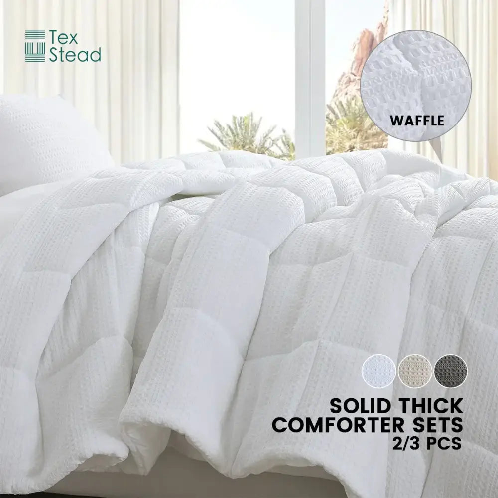 White waffle-textured decorbites all season bed comforter from tex stead for winter warmth and a restful night’s sleep