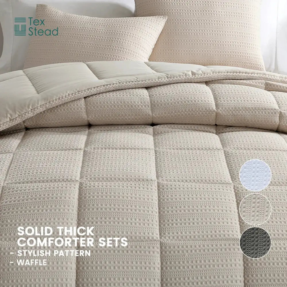 Cream-colored DecorBites™ all season bed comforter with waffle texture and quilted design for a warm night’s sleep