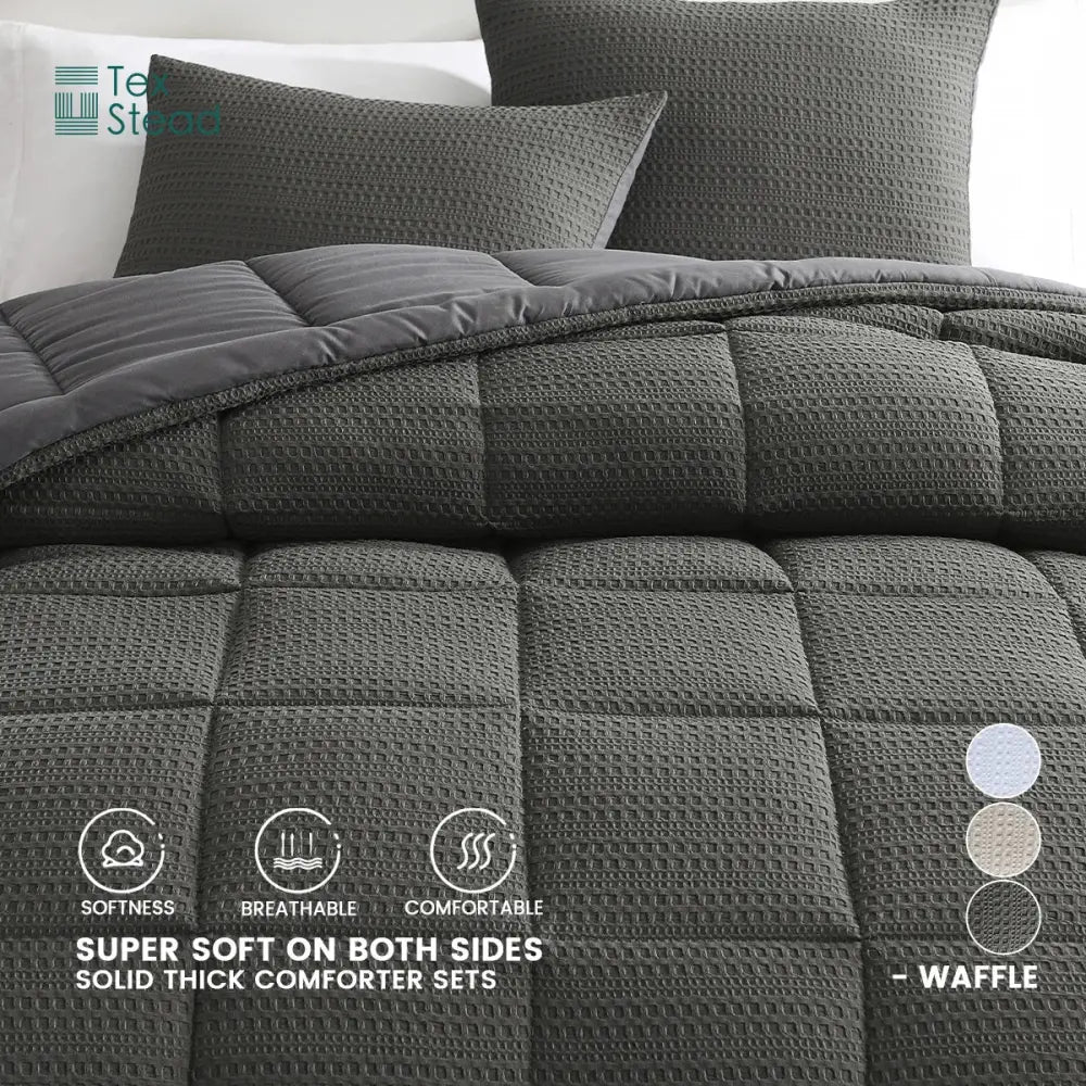 Dark gray waffle-textured decorbites all season bed comforter set with matching pillows for winter warmth and machine washable