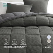 Dark gray waffle-textured decorbites all season bed comforter set with matching pillows for winter warmth and machine washable