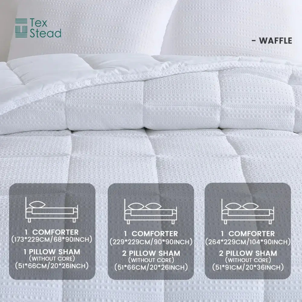 White waffle-textured DecorBites™ all season bed comforter with matching pillow shams for a warm night’s sleep