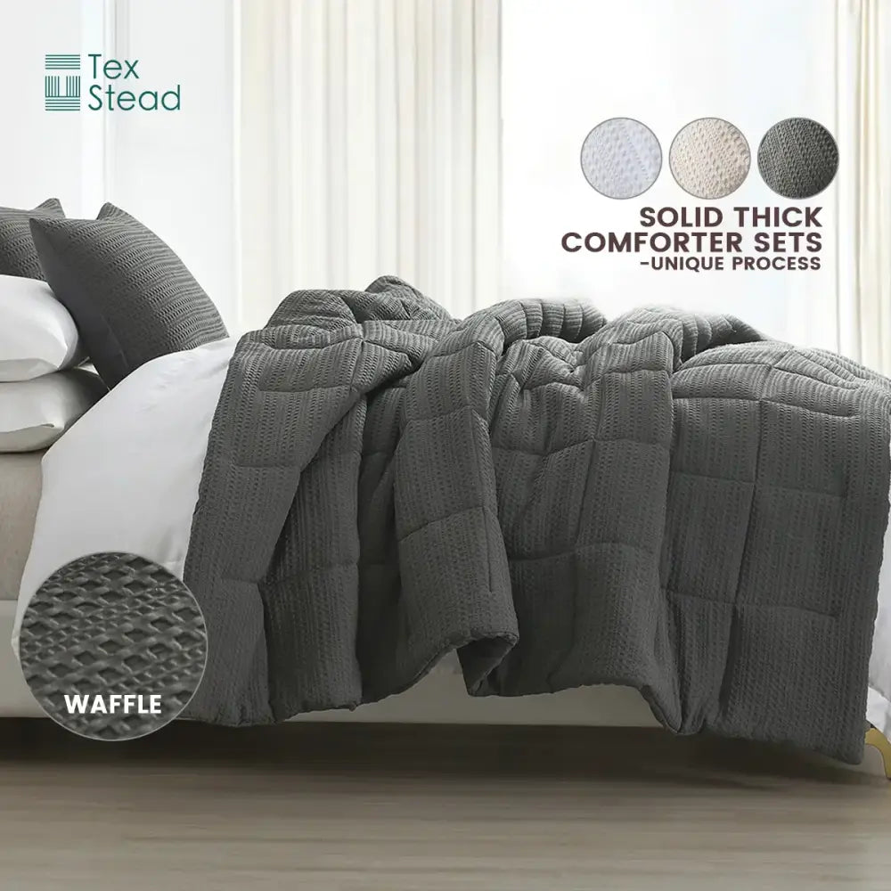 Tex stead solid thick gray waffle decorbites all season bed comforter set for winter warmth and better night’s sleep