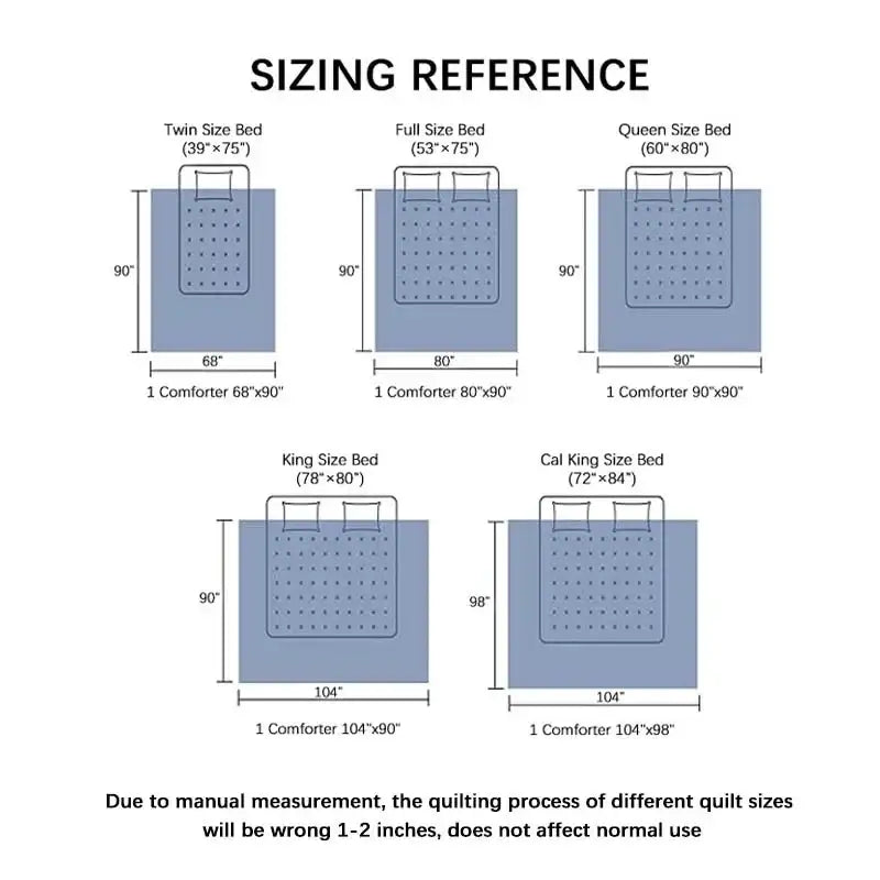 Sizing reference chart for DecorBites™ all-season brushed duvet quilt with comforter dimensions for all bed sizes