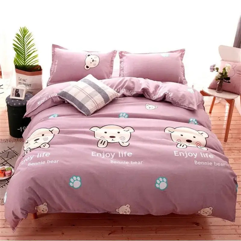 Pink enjoy life bennie bear duvet cover set with white cartoon bears and teal paw prints lightweight duvet cover