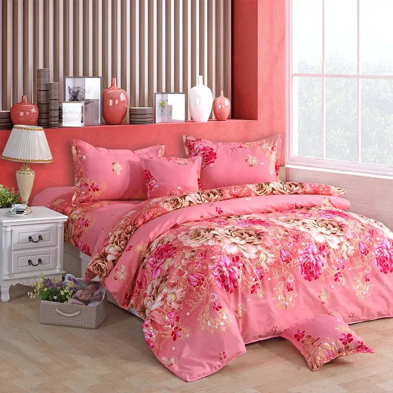 Pink floral lightweight duvet cover with embroidered rose and gold accents for comfortable luxury sleep by DecorBites