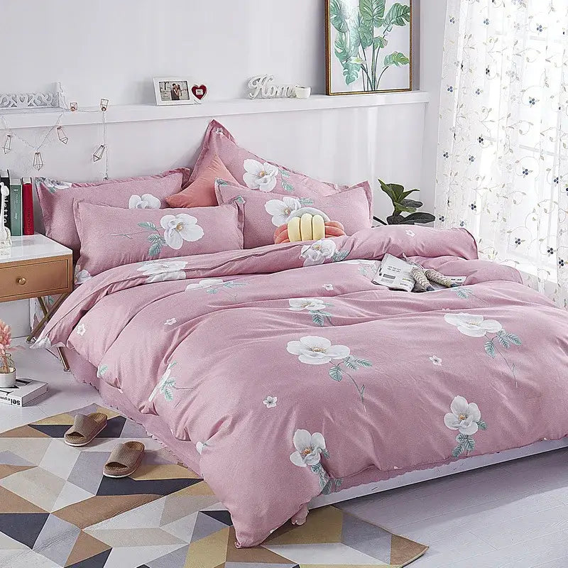Decorbites all-season lightweight duvet cover with pink floral design white blossoms and green leaves on soft fabric