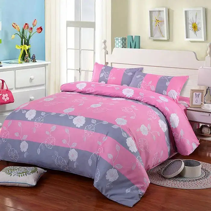 Pink and gray striped floral decorbites™ lightweight duvet cover with white embroidered flowers for luxury sleep