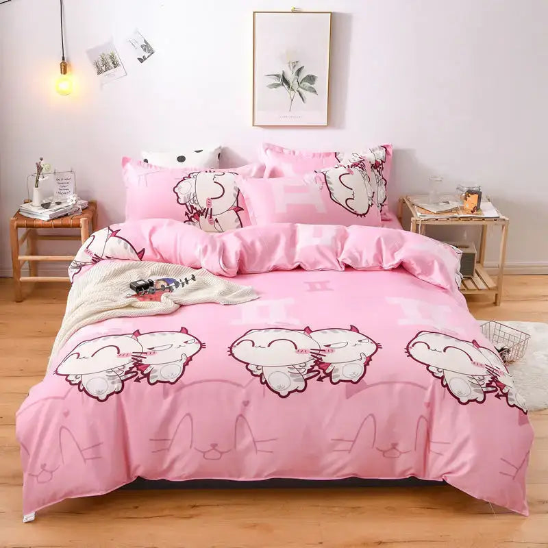 DecorBites all-season lightweight duvet cover in pink with cat-themed satin fabric and playful cartoon designs