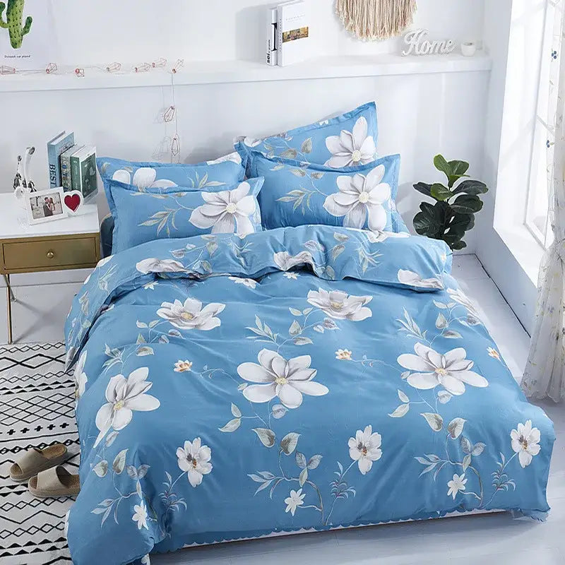 Blue floral DecorBites™ all-season lightweight duvet cover with white and light gray blossoms on soft textured fabric