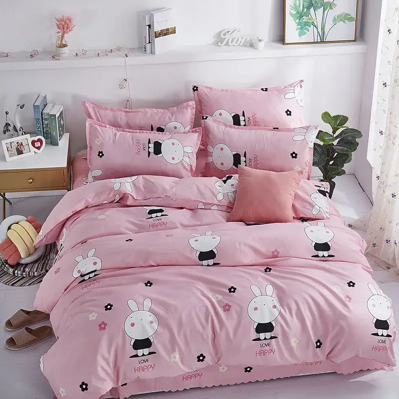 DecorBites all-season lightweight duvet cover in pink with bunny theme love happy text and floral accents for luxury sleep