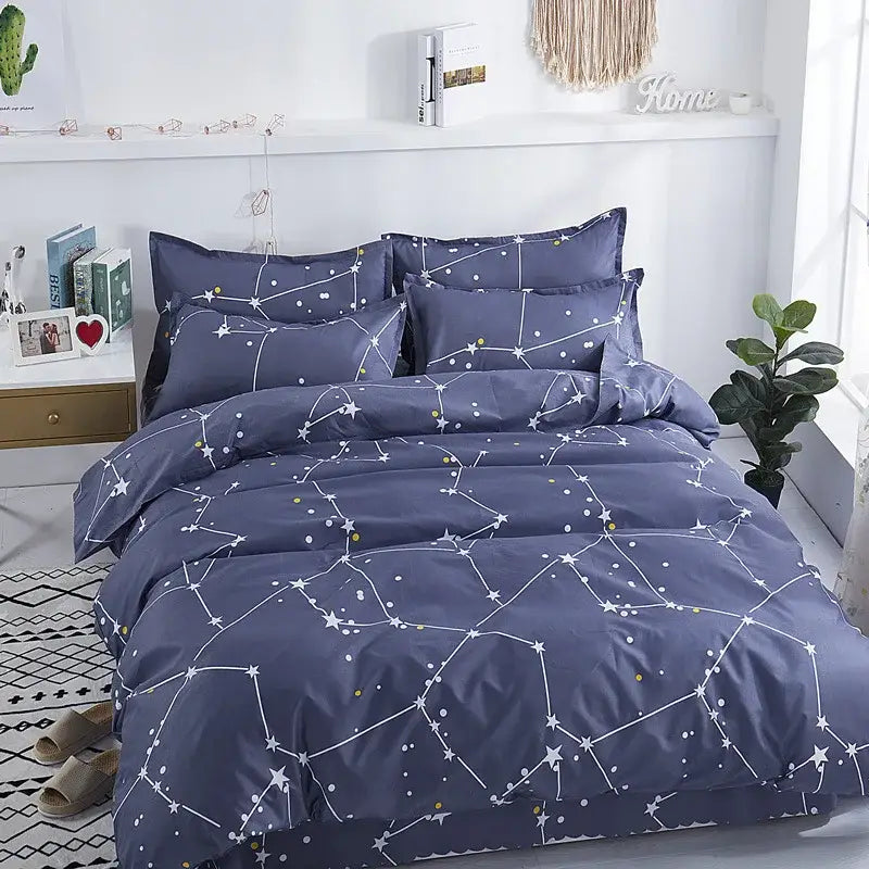 Navy blue star constellation-themed lightweight duvet cover with white lines and yellow dots for comfortable luxury sleep