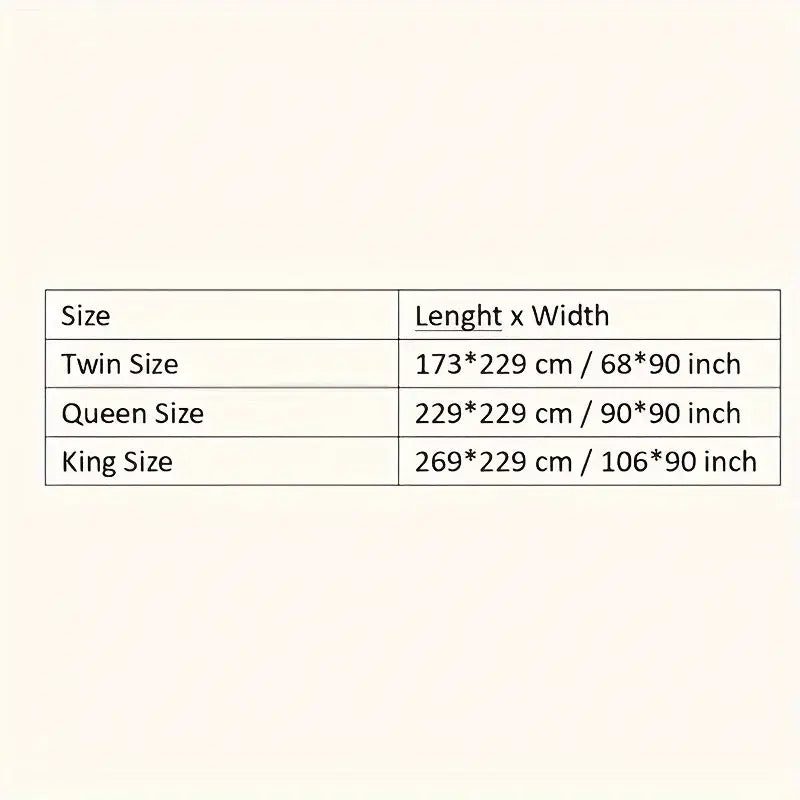 A table showing twin queen and king dimensions for decorbites all season lightweight goose down comforter duvet insert