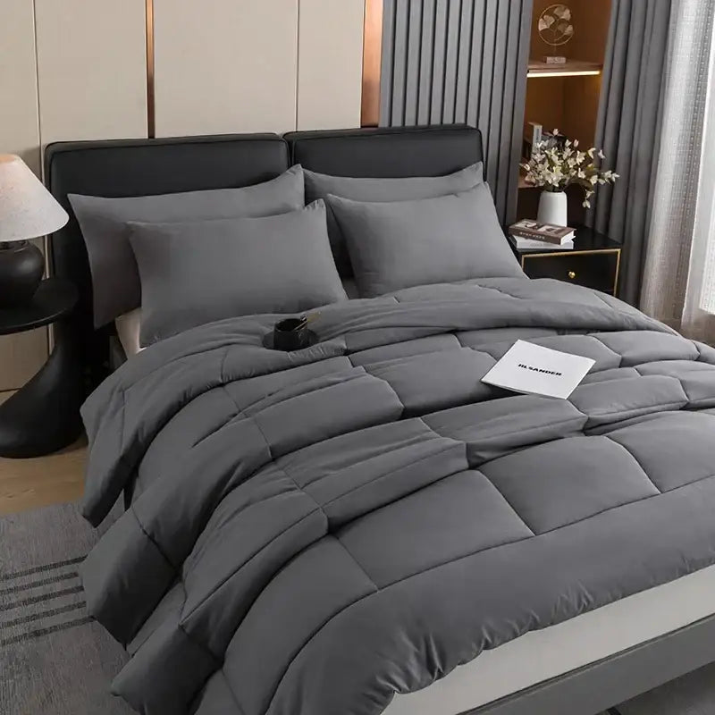 Gray DecorBites™ all-season quilted comforter set with soft plush texture and square stitched panels for queen king size