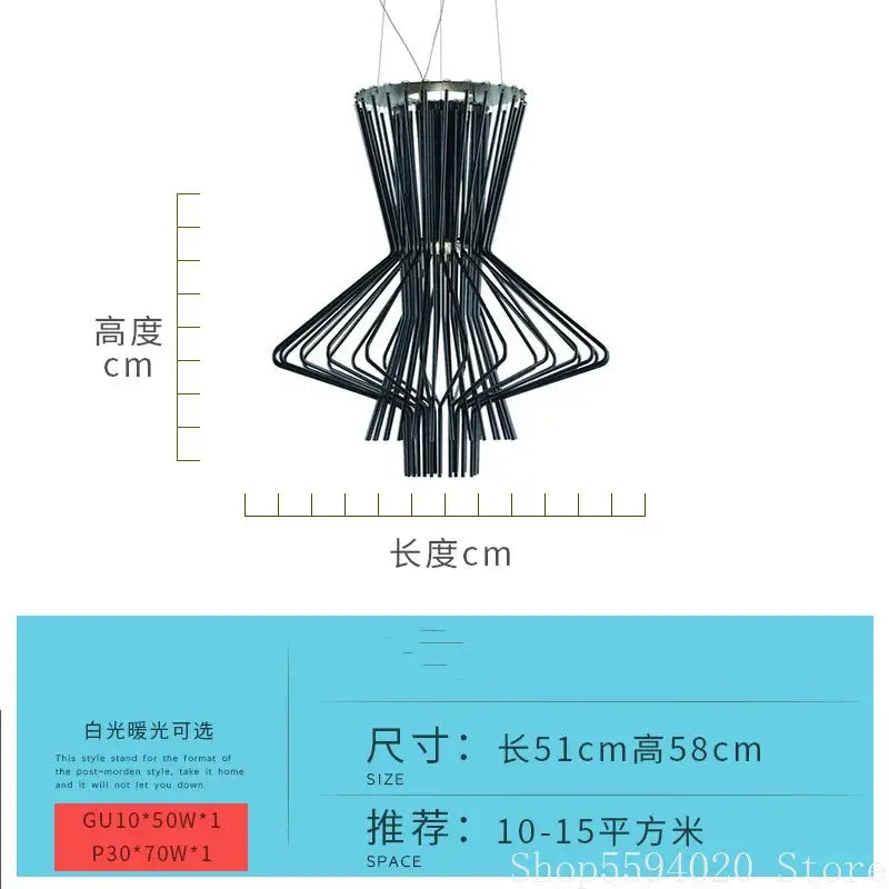 Black metal allegro iron pendant light with modern geometric design featuring slender rods in inverted cone shape