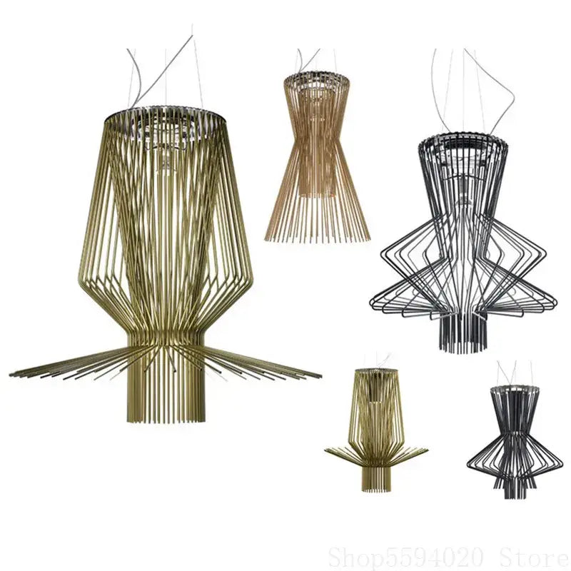 Decorbites allegro iron pendant lights featuring modern black and gold geometric wireframe iron pendant lights