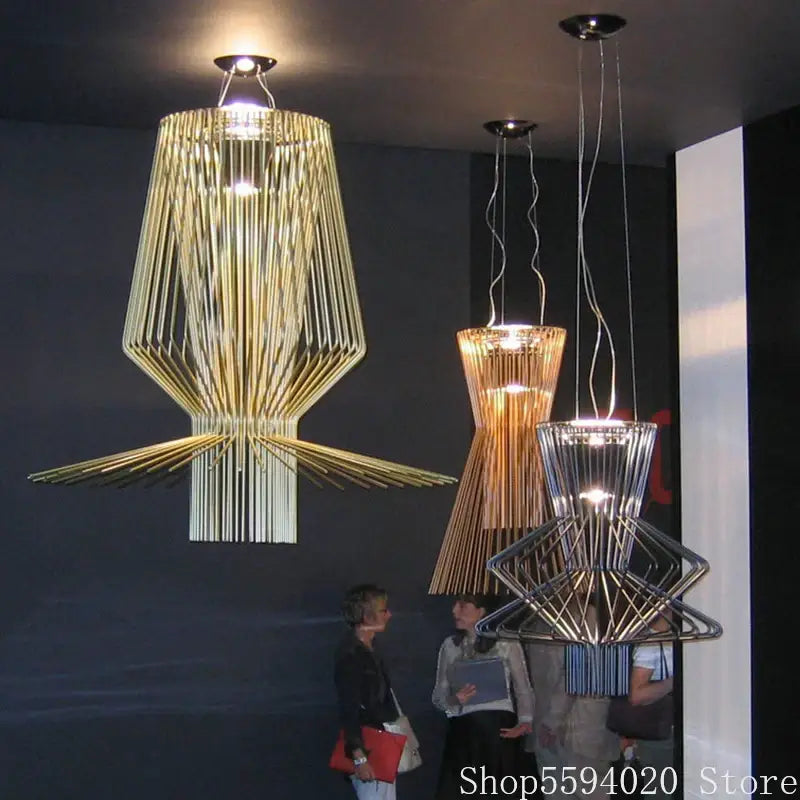 Golden metallic decorbites™ allegro iron pendant lights with geometric cage design and cascading vertical rods for stylish lighting