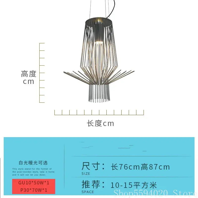 Modern metallic allegro iron pendant light with geometric radial design featuring slender rods for stylish lighting