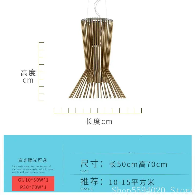 Modern brass-toned allegro iron pendant light with slender rods radiating outward in DecorBites™ pendant lights collection