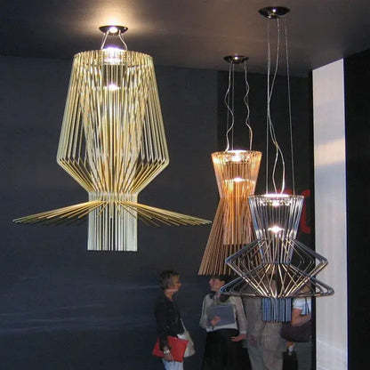 Gold-toned allegro ritmico chandelier with geometric design and slender metallic rods for hotel living room bar lighting