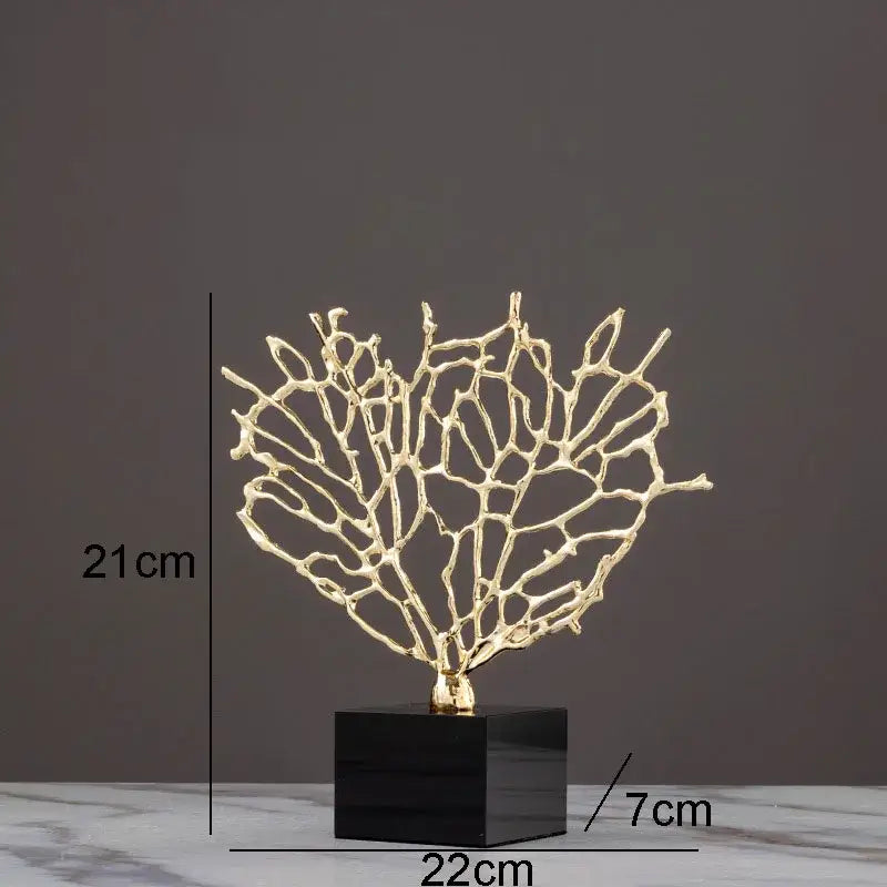 Gold-colored alloy coral crafts on black crystal base for stylish desktop decor by decorbites