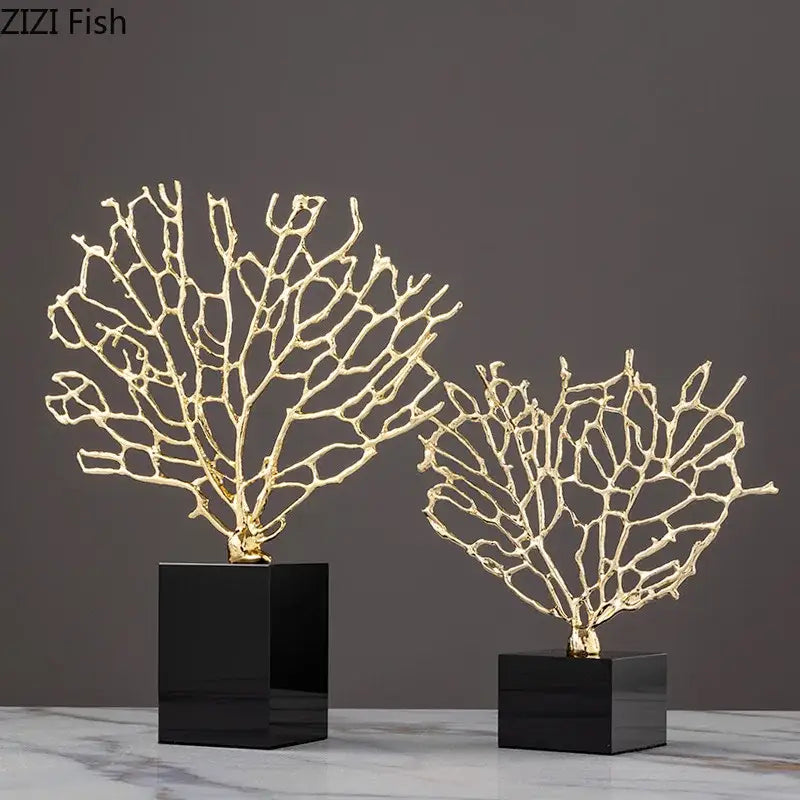 Golden alloy coral crafts on black crystal base for stylish desktop decor by decorbites