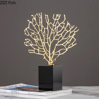 Gold-colored alloy coral crafts sculpture on black crystal base for stylish desktop decor by decorbites