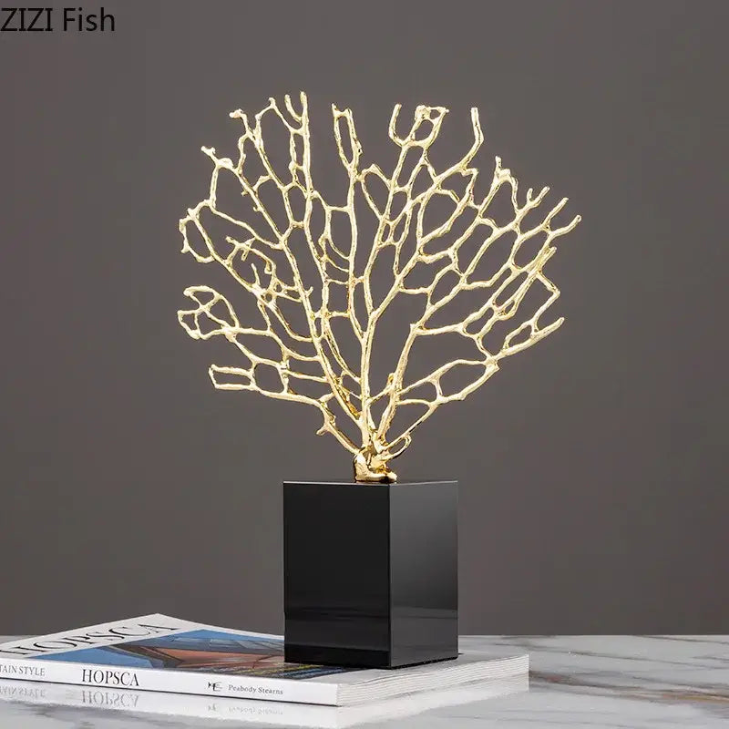 Gold-colored alloy coral crafts sculpture on black crystal base for stylish desktop decor by decorbites