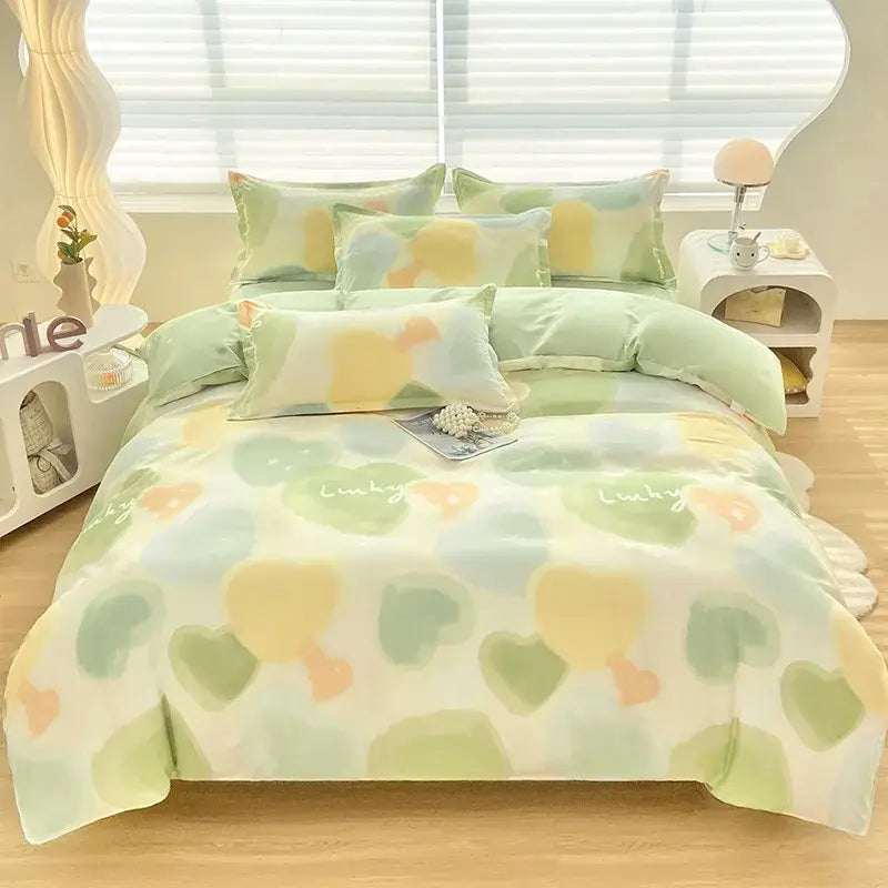Pastel green and yellow heart-patterned aloe cotton printed bedding set with soft cozy texture for adults