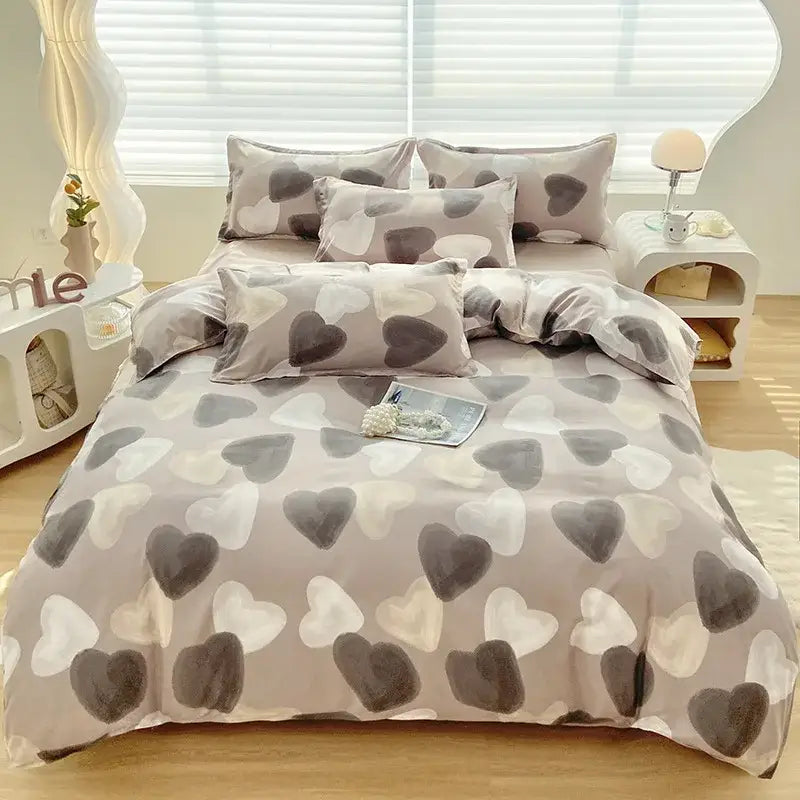 A cozy gray aloe cotton printed bedding set with heart pattern in white and dark gray for adults by decorbites