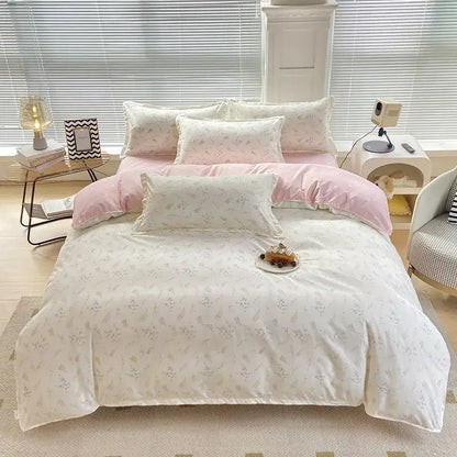DecorBites aloe cotton printed bedding set in soft pastel pink and cream with delicate floral cotton printed bed design