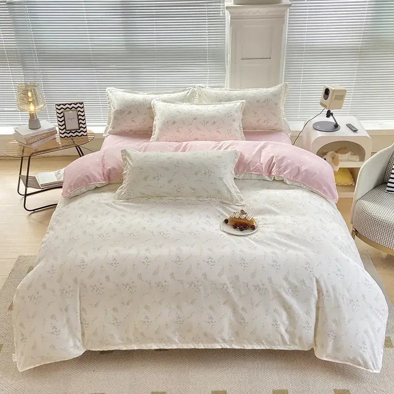 DecorBites aloe cotton printed bedding set in soft pastel pink and cream with delicate floral cotton printed bed design
