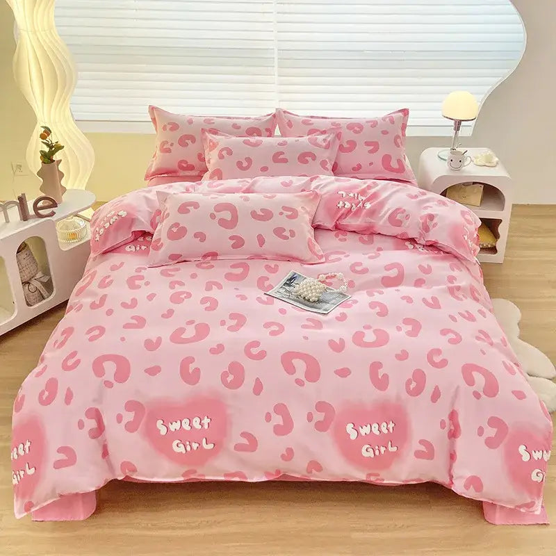 Pink sweet girl leopard print aloe cotton printed bedding set with soft satin fabric for adults by decorbites