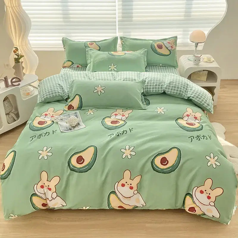 Decorbites aloe cotton printed bedding set in mint green with avocado and bunny design and white floral accents for adults