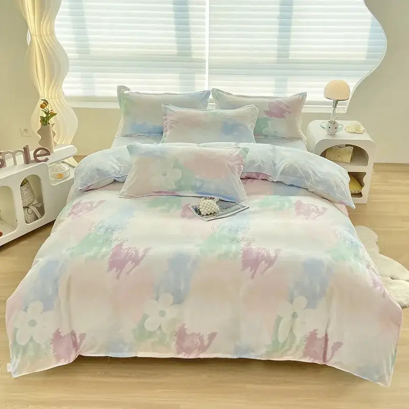 Pastel watercolor floral aloe cotton printed bedding set in soft pink blue and green hues for adults by decorbites