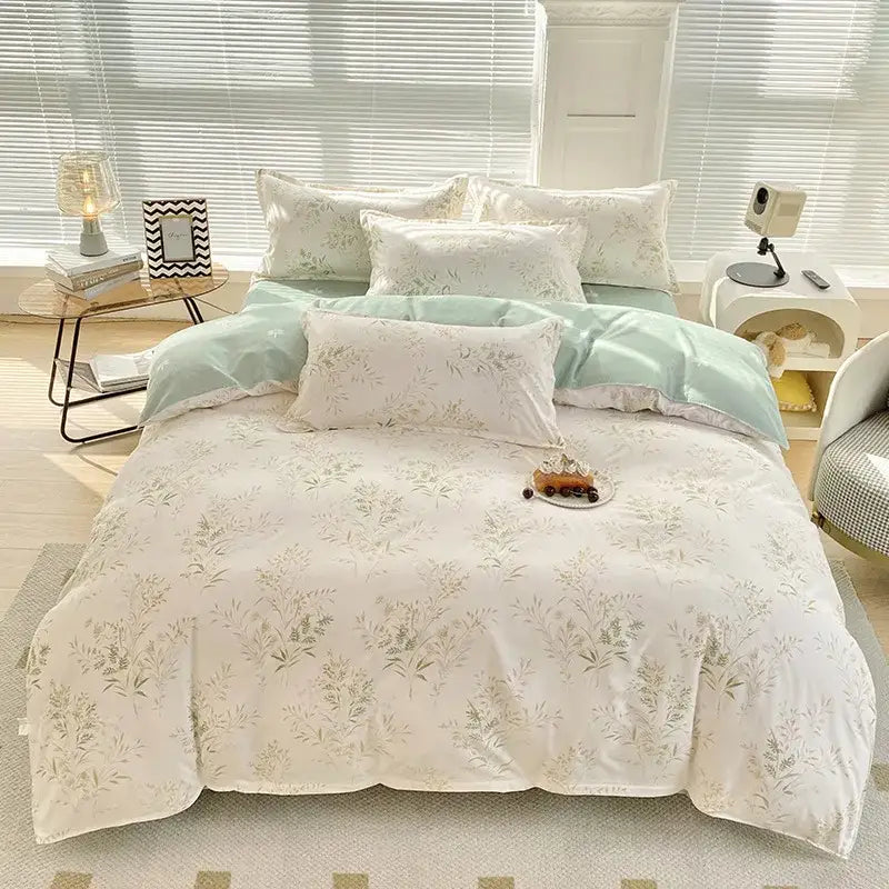 Decorbites aloe cotton printed bedding set featuring soft mint green and cream floral cotton printed bed sheets