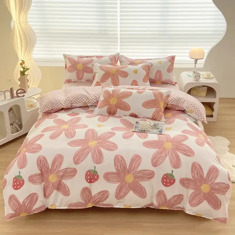 Decorbites aloe cotton printed bedding set with pink floral and strawberry pattern made from soft cotton printed fabric