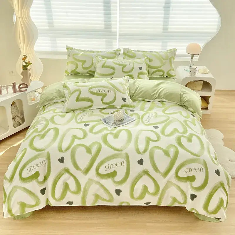 Decorbites aloe cotton printed bedding set in soft mint green with white hearts and black green text for adults