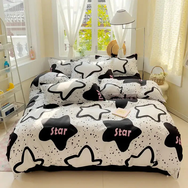 Decorbites aloe cotton printed bedding set in black and white star pattern with pink star text cotton printed bed