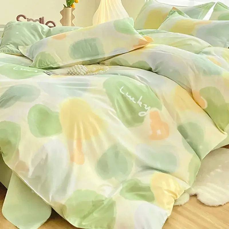 DecorBites™ aloe cotton printed bedding set in pastel green and yellow with abstract leaf pattern and satin finish