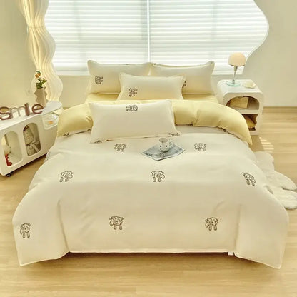 Cream-colored aloe cotton printed bedding set with embroidered sheep motifs soft cozy cotton printed bed for adults