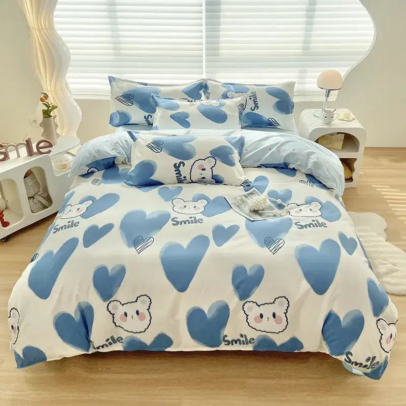 Blue and white heart patterned aloe cotton printed bedding set with cartoon bears and smile print for adults